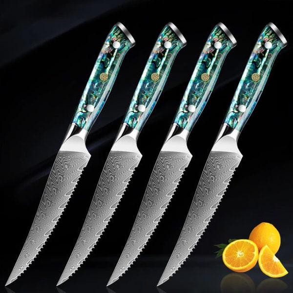 Japanese Damascus Steel Steak Knife Set with Real Abalone Shell Handle - Japanese VG10 Steel Blades with Real Deep-Sea Abalone Handles