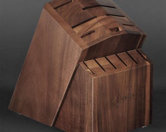 Bloco de facas moderno geométrico extragrande, com 15 compartimentos para facas de chef, facas de carne, tesouras de cozinha e chaira - Madeira de acácia