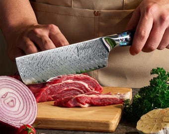 Stunning Abalone Shell Damascus Cleaver Knife - 7.5" Japanese Nakiri Knife with Deep-Sea Abalone - Ultra Sharp Blade