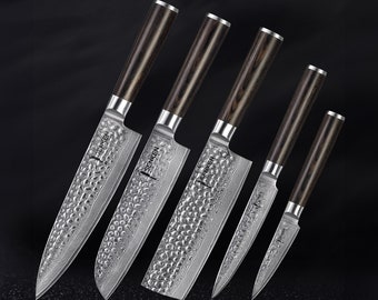 日本製ダマスカスナイフセット（槌目ダマスカス刃） - Roninコレクション - 日本製VG10鋼芯、ダークウッドハンドル