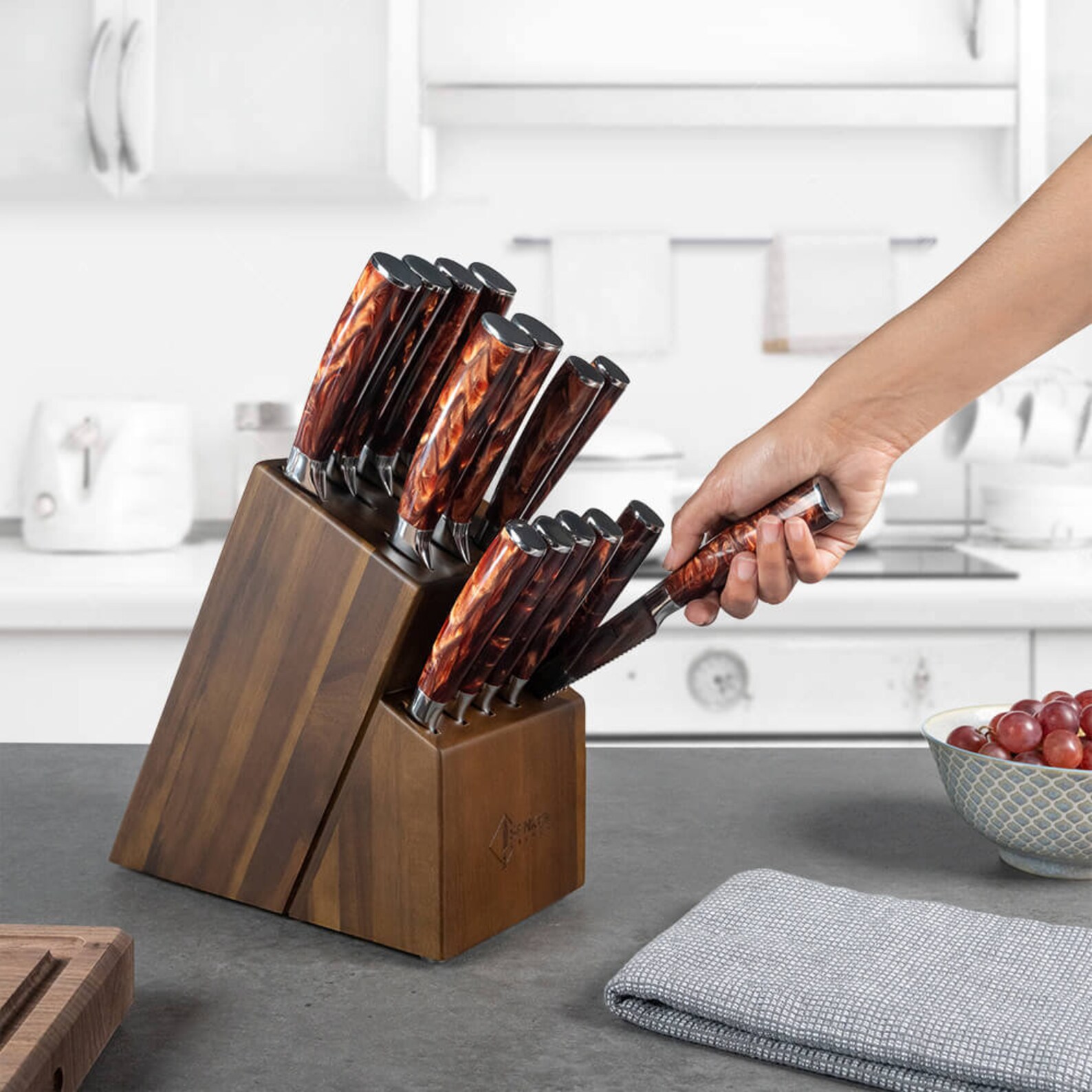 16piece Natural Acacia Wood Knife Block Set Damascus Etsy
