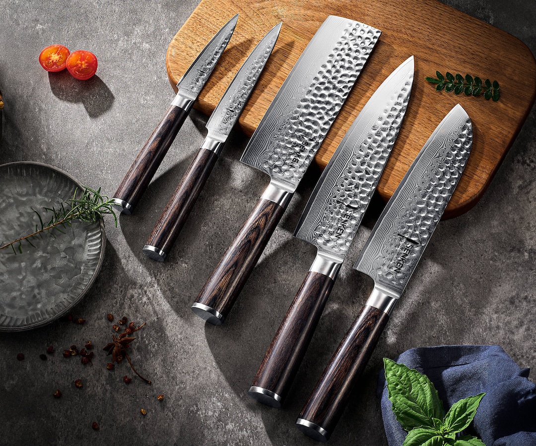 5-piece Hammered Damascus Steel Knife Set - Ronin Collection
