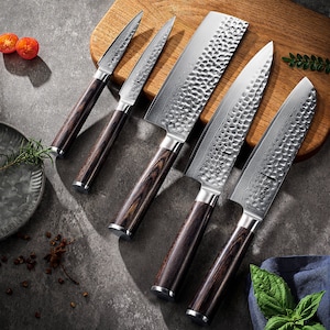 May include: Five kitchen knives with black wooden handles and a hammered finish on the blades. The knives are arranged on a wooden cutting board with a sprig of green leaves.