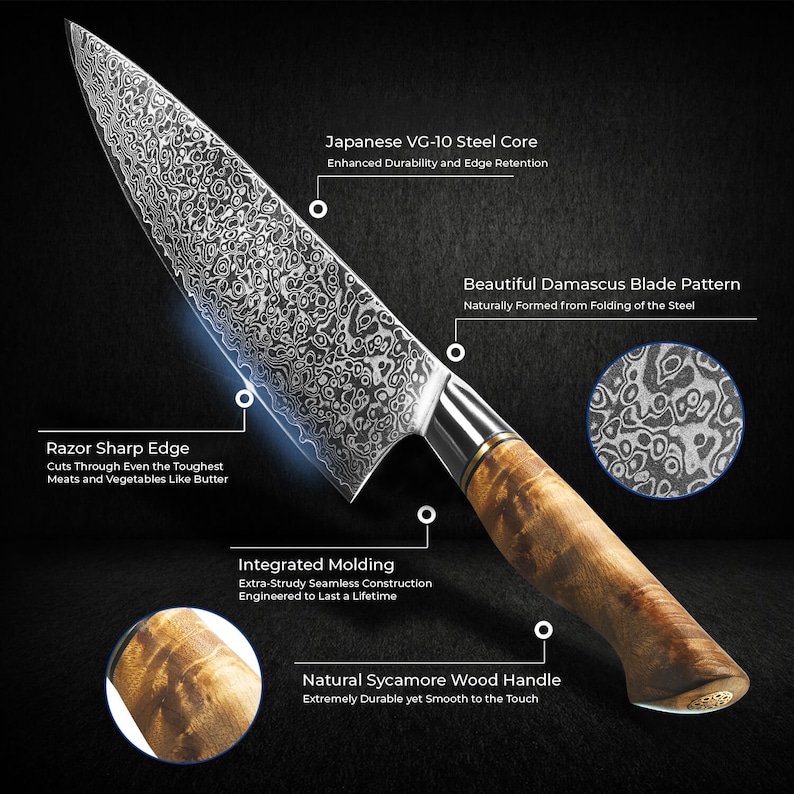 May include: A chef's knife featuring a Damascus steel blade with a complex wavy pattern, a sharp edge, and a natural sycamore wood handle. The blade is labeled as Japanese VG-10 steel core. The handle has integrated molding and a smooth finish.