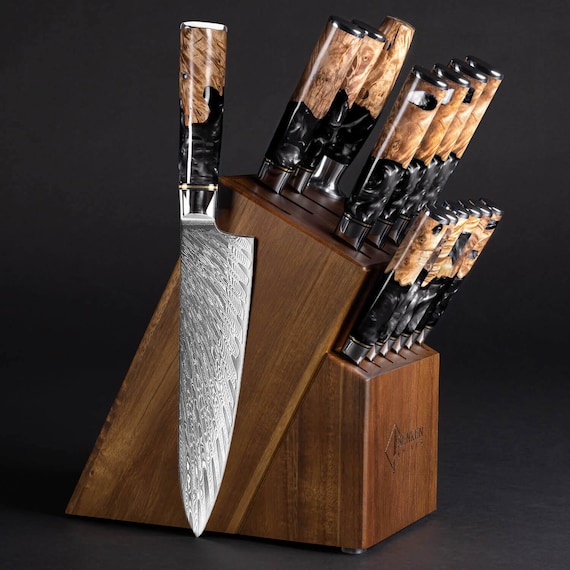 15-Piece Black Tsunami Damascus Knife Set with Acacia Wood Block - 67-Layer Japanese VG10 Damascus Knives, Complete Collection