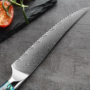 Damascus Steel Steak Knife Set with Abalone Shell Handle Blade Close Up