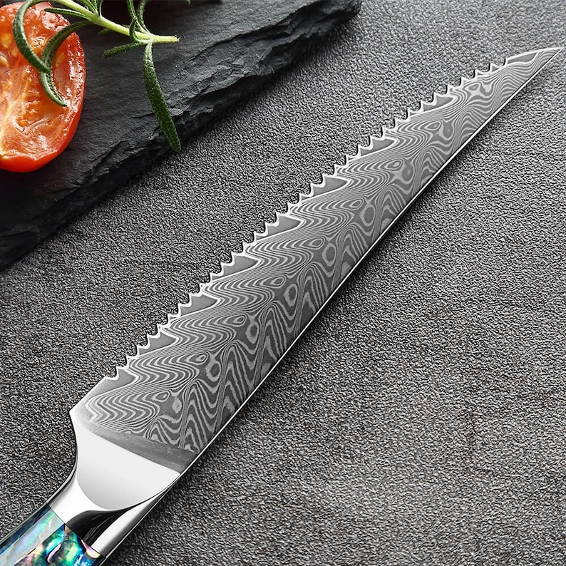 Damascus Steel Steak Knife Set with Abalone Shell Handle Blade Close Up