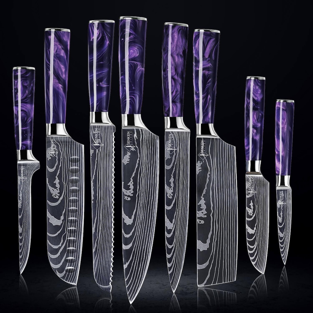 ダマスカス刃模様の美しい紫色の樹脂製日本製包丁セット