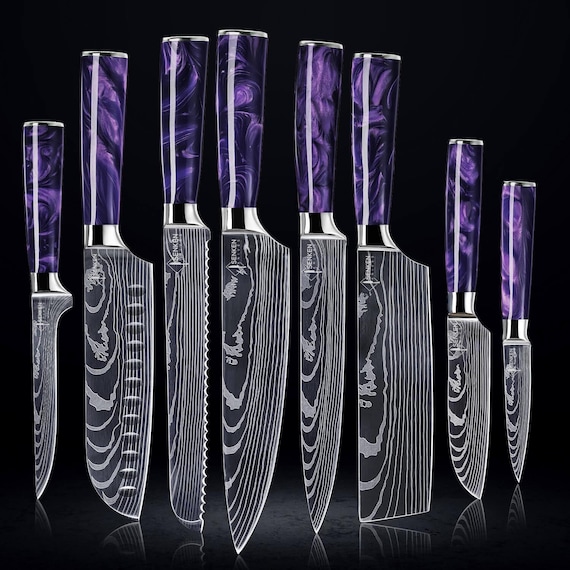 ダマスカス刃模様の美しい紫色の樹脂製日本製包丁セット