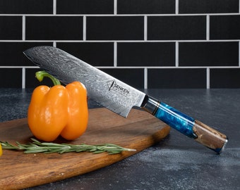 Damascus Santoku Knife - Japanese Santoku Chef Knife, &quot;Tsunami&quot; Collection, Perfect for Any Meat and Vegetables, Ruthlessly Sharp Blade