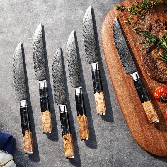 6-piece Black Tsunami Damascus Steel Steak Knife Set - Black Resin