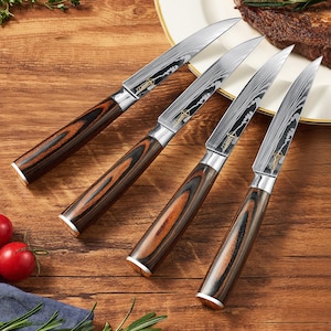 Ruthlessly Sharp Steak Knife Set with Gift Box - Engraved Damascus Pattern and Smoothly Finished Wood Handle - Set of 4, Set of 6, Set of 8