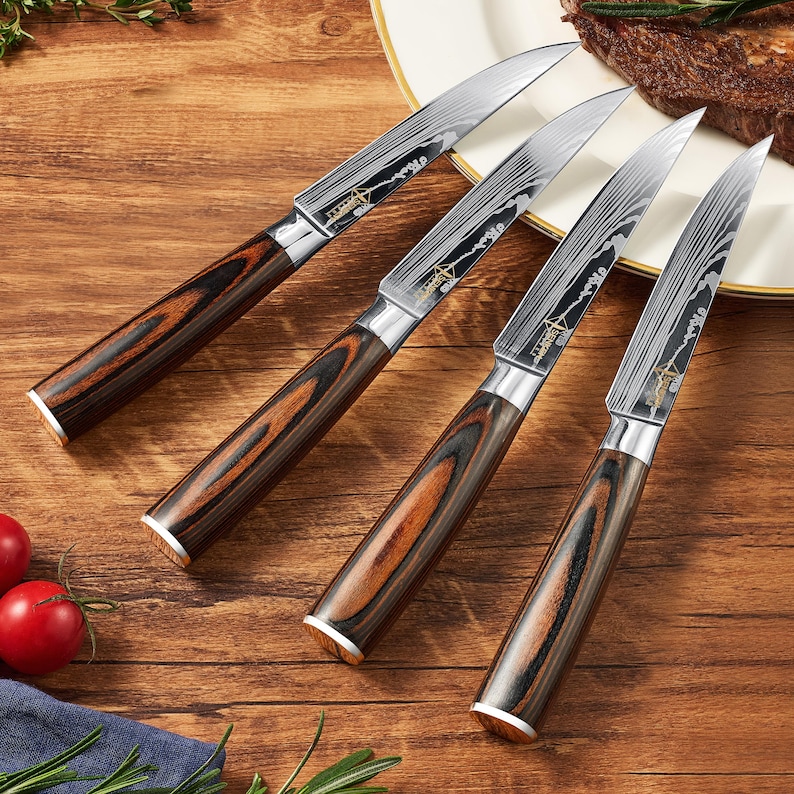 4-Piece Straight Edge Non-serrated steak knife set wood handles damascus pattern senken knives