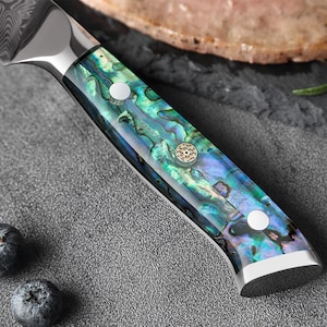 Damascus Steel Steak Knife Set with Abalone Shell Handle Umi Set Handle Close Up