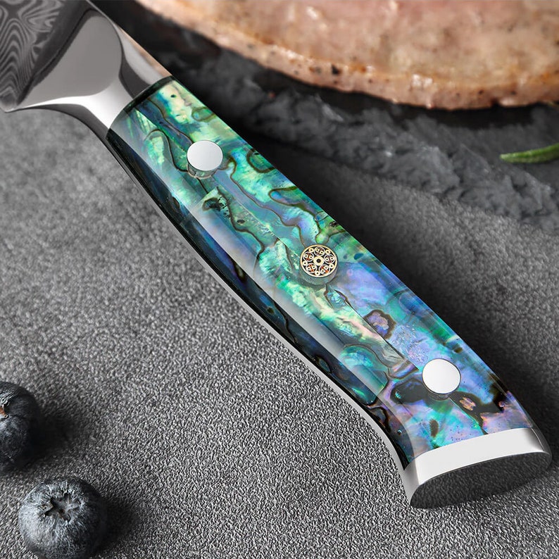 Damascus Steel Steak Knife Set with Abalone Shell Handle Umi Set Handle Close Up