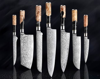 Japanese Kitchen Knife Set Forged from 67-Layer Damascus VG10 Steel with Stunning Black Resin Burl Wood Handle