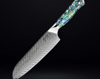 Japanese Damascus Santoku Knife with Real Abalone Shell Handle - 67-layer Japanese VG10 Steel, 7&quot; Full-Tang Blade with Unique Angled Bolster