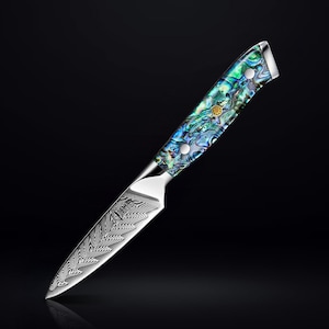 May include: A small paring knife with a blue and green mother-of-pearl handle and a stainless steel blade with a Damascus pattern.