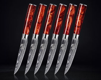 Steak Knife Set with Damascus Blade Pattern and One of a Kind Crimson Red Epoxy Resin Handles