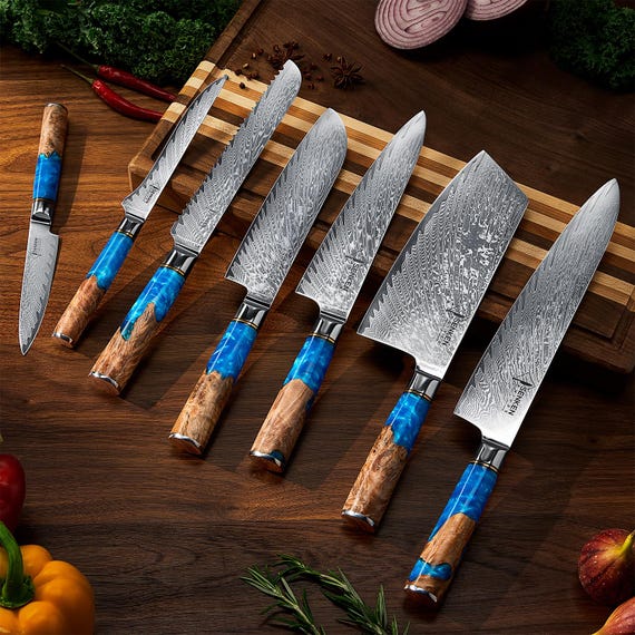 15-piece Damascus Knife Block Set With Acacia Wood Block - Tsunami