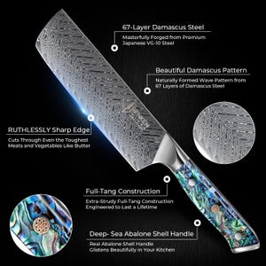 Umi Damascus Steel Japanese Cleaver Abalone Shell VG-10 67-Layer Nakiri Cutting Meat What is it made of