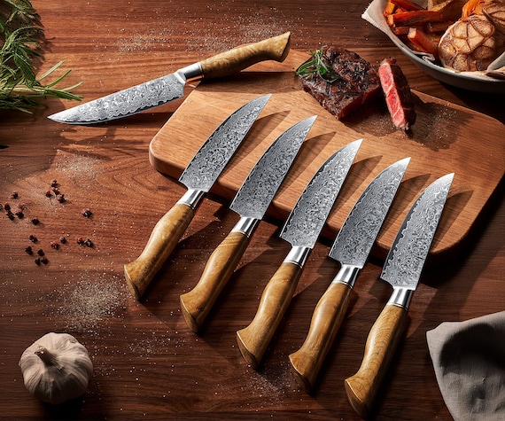 65th Anniversary Solid Stake 2セット Damascus Steak Knife Set With Beautiful Natural Sycamore Wood
