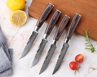 Ruthlessly Sharp Steak Knife Set with Gift Box - Engraved Damascus Pattern and Smoothly Finished Wood Handle - Set of 4, Set of 6, Set of 8