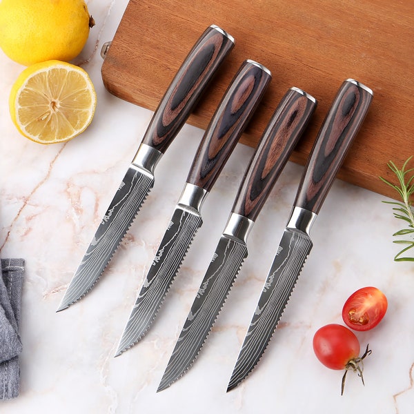 Ruthlessly Sharp Steak Knife Set with Gift Box - Engraved Damascus Pattern and Smoothly Finished Wood Handle - Set of 4, Set of 6, Set of 8