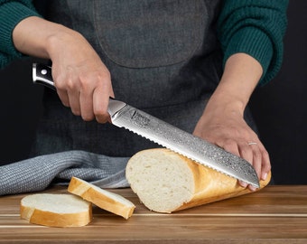 Damascus Bread Knife - "Shogun" Series Serrated Knife - 67 Layer Japanese Damascus Bread Slicer