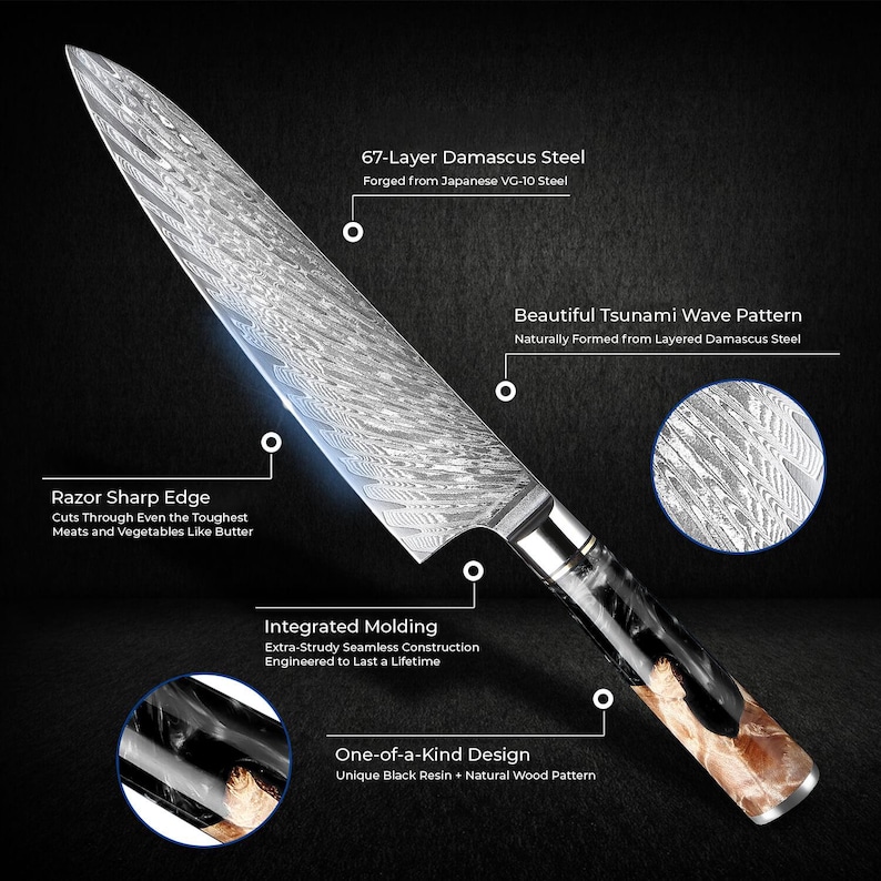 May include: A Damascus steel chef's knife with a razor-sharp edge. The blade features a beautiful tsunami wave pattern and is forged from 67 layers of Japanese VG-10 steel. The handle has a unique black resin and natural wood pattern.