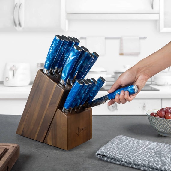 16-piece Natural Acacia Wood Knife Block Set Damascus Pattern Chef Knife Set,  Steak Knives, Kitchen Shears Blue Resin Handles 