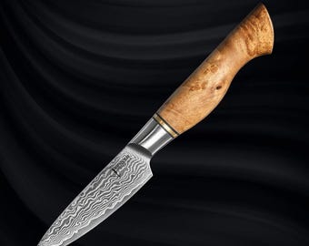Beautiful 3.5" Damascus Steel Paring Knife - Natural Sycamore Wood Handle - Ultra Sharp 67-Layer Japanese VG10 Damascus, Fruit Peeling Knife