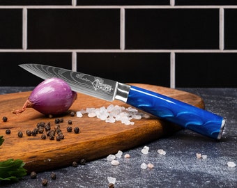 Beautiful 3.5" Paring Knife with Blue Resin Handle and Damascus Engraved Pattern - Fruit Peeling Knife - Kitchen Gift for Mom