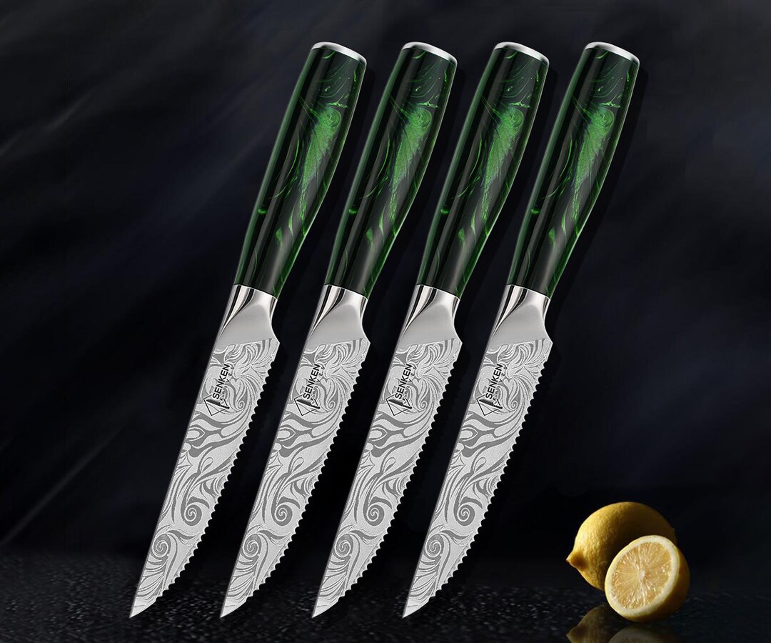 Beautifully Engraved Steak Knife Set With Emerald Green Resin Handle High Carbon Stainless Steel