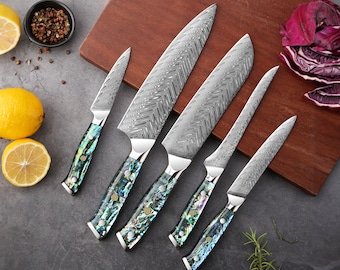 Breathtaking 5-Piece Damascus Chef Knife Set with Real Abalone Shell Handles - Chef's Knife, Santoku Knife, Boning Knife, Utility, Paring