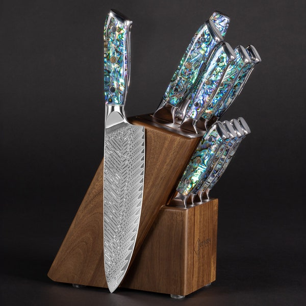 11-Piece Real Abalone Shell Damascus Knife Block Set with Acacia Wood Block - 67-Layer Japanese VG10 Damascus Knives, Complete Collection