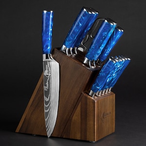 16-Piece Natural Acacia Wood Knife Block Set - Damascus Pattern Chef Knife Set, Steak Knives, Kitchen Shears - Blue Resin Handles