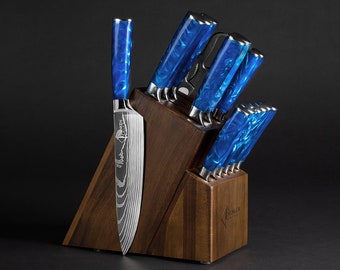 16-piece Natural Acacia Wood Knife Block Set Damascus Pattern Chef Knife Set,  Steak Knives, Kitchen Shears Blue Resin Handles 