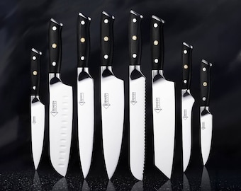 8-Piece Japanese Full-Tang Kitchen Knife Set with Smooth Satin Finish - The Emperor Collection - High Carbon Steel w/ Blackwood Handles