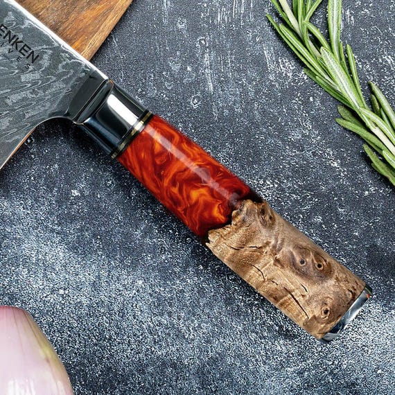 Damascus Kitchen Knife Set With Exquisite Red Resin Burl Wood