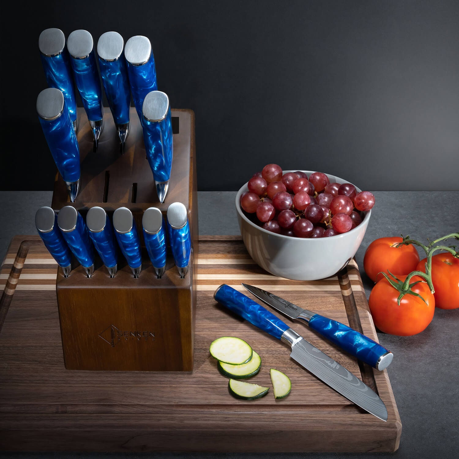 SENKEN 8-Piece Japanese Knife Set with Blue Resin Handle and Laser Damascus  Pattern - Cerulean Collection - Chef's Knife, Santoku Knife, Bread Knife