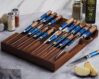 Bloque organizador de cuchillos para cajones – Portacuchillos de madera de acacia para cajones de cocina – Capacidad para 16 cuchillos + afilador, solución de almacenamiento que ahorra espacio