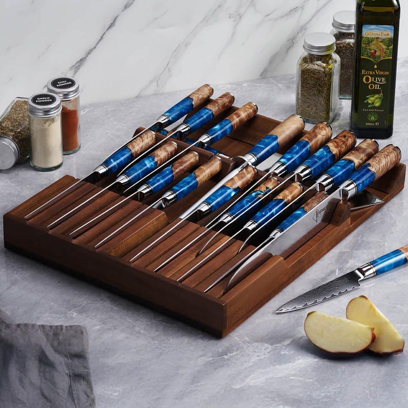 In-Drawer Knife Organizer Block – Acacia Wood Knife Holder for Kitchen Drawers – Fits 16 Knives + Sharpener, Space-Saving Storage Solution