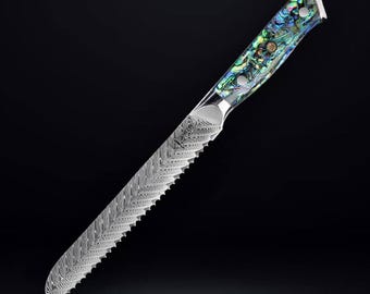 Damascus Steel Bread Knife with Real Abalone Shell Handle - Japanese VG10 67-Layer Damascus Steel - 8&quot; Serrated Blade, Luxury Gift Box