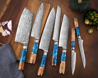 Stunning 7-Piece Damascus Steel Knife Set with Blue Resin Burl Wood Handle - Japanese Chef Knife Set with VG10 Steel Core