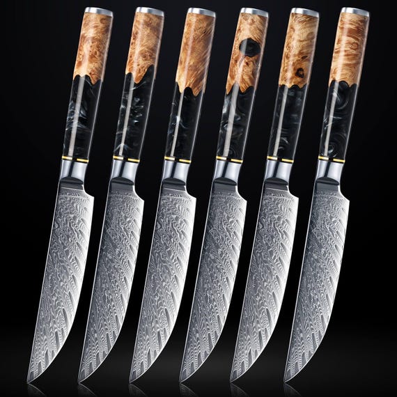 ✨送料込✨ヴィレロイボッシュ Kensington ステーキナイフ 6点 新品 6-piece Black Tsunami Damascus Steel Steak Knife Set - Black Resin