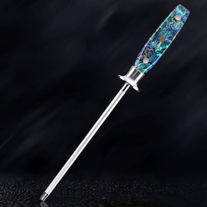 Acero de afilar profesional con varilla de esmeril y mango de concha de abulón auténtica: para afilar y afilar cuchillos de hasta 63 HRC, incluido el de Damasco.