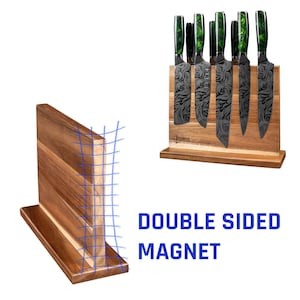 May include: A wooden knife holder with a double-sided magnet. The holder has a natural wood finish and is designed to hold a set of knives. The magnet is strong enough to hold the knives securely in place. "DOUBLE SIDED MAGNET" is printed on the front of the holder.