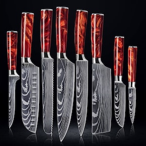 Stunning 8-Piece Crimson Red Kitchen Knife Set with Damascus Pattern - Japanese Chef Knife Set for Home - Comes with Luxury Gift Box