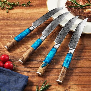 Set Di 8 Coltelli Da Cucina In Acciaio Damasco Forgiato A Mano, Con Custodia In Pelle, WT-1046-8, Lama Fino A 200 Strati